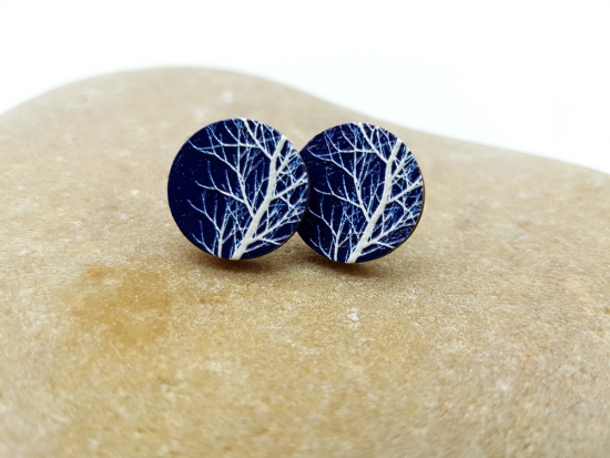 Herbst Baum 3D Holz Scheiben Ohrstecker blau